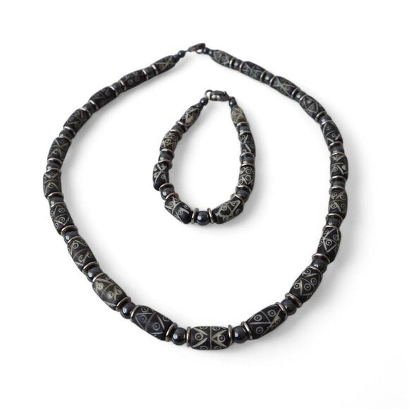 Intercrafts Peru Clay Beaded Necklace and Bracelet Set Black / Grey NEW - Picture 1 of 7